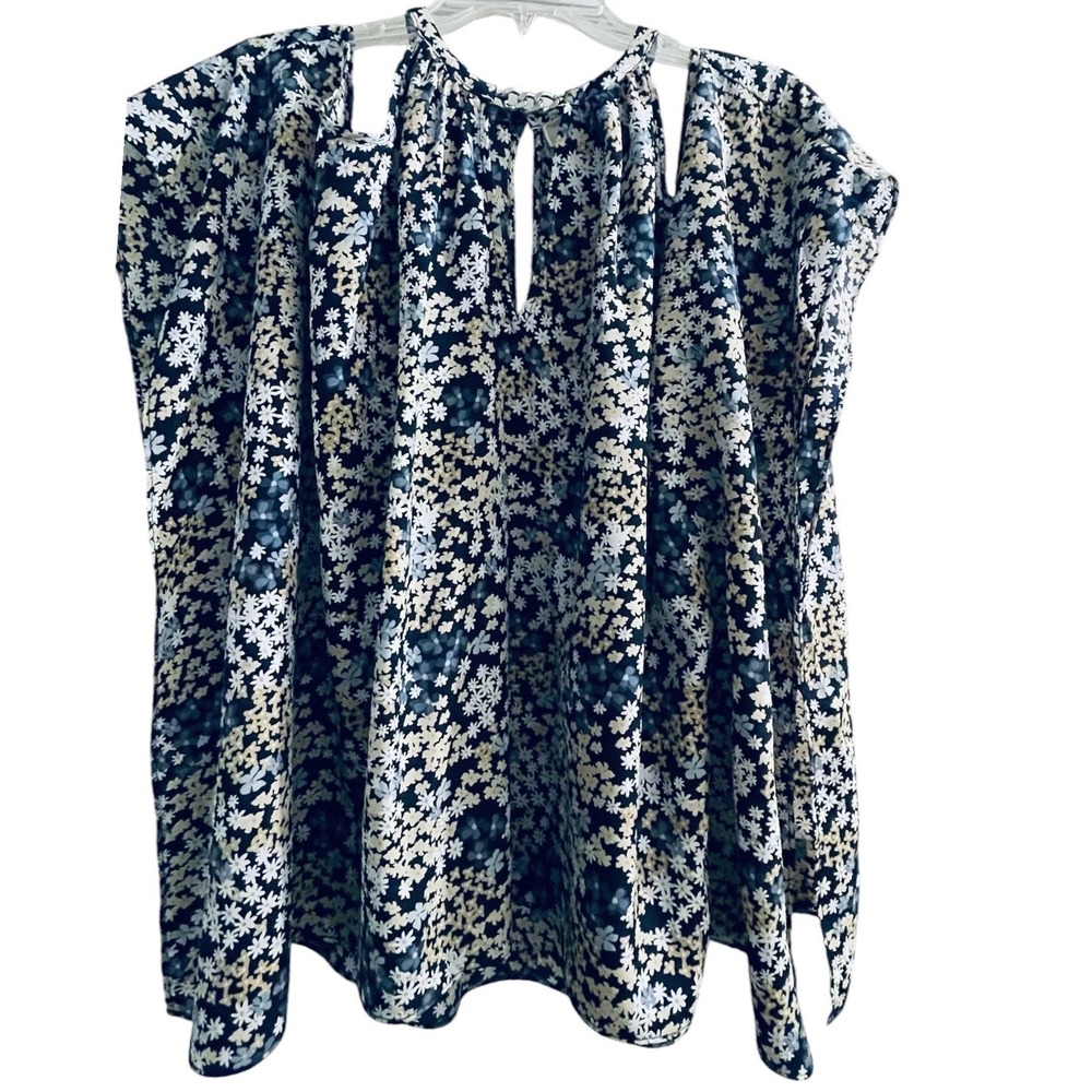 Michael Kors‎ Floral Cold Shoulder Chain Halter Neck Blouse Navy Blue Cream L